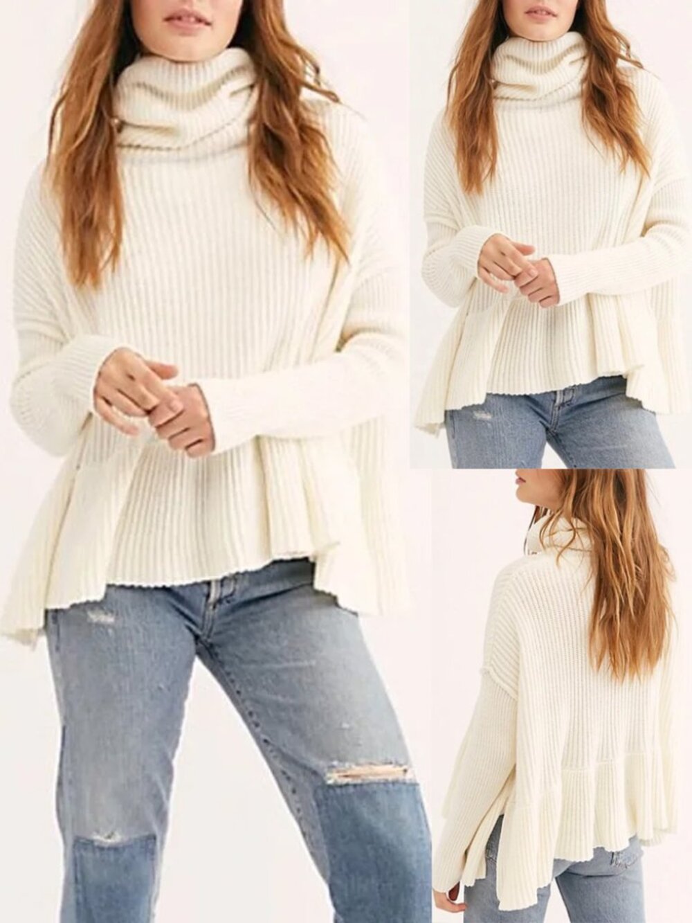 Free People Layer Cake Turtleneck Ruffle Peplum Knit Sweater S Ivory Oversized